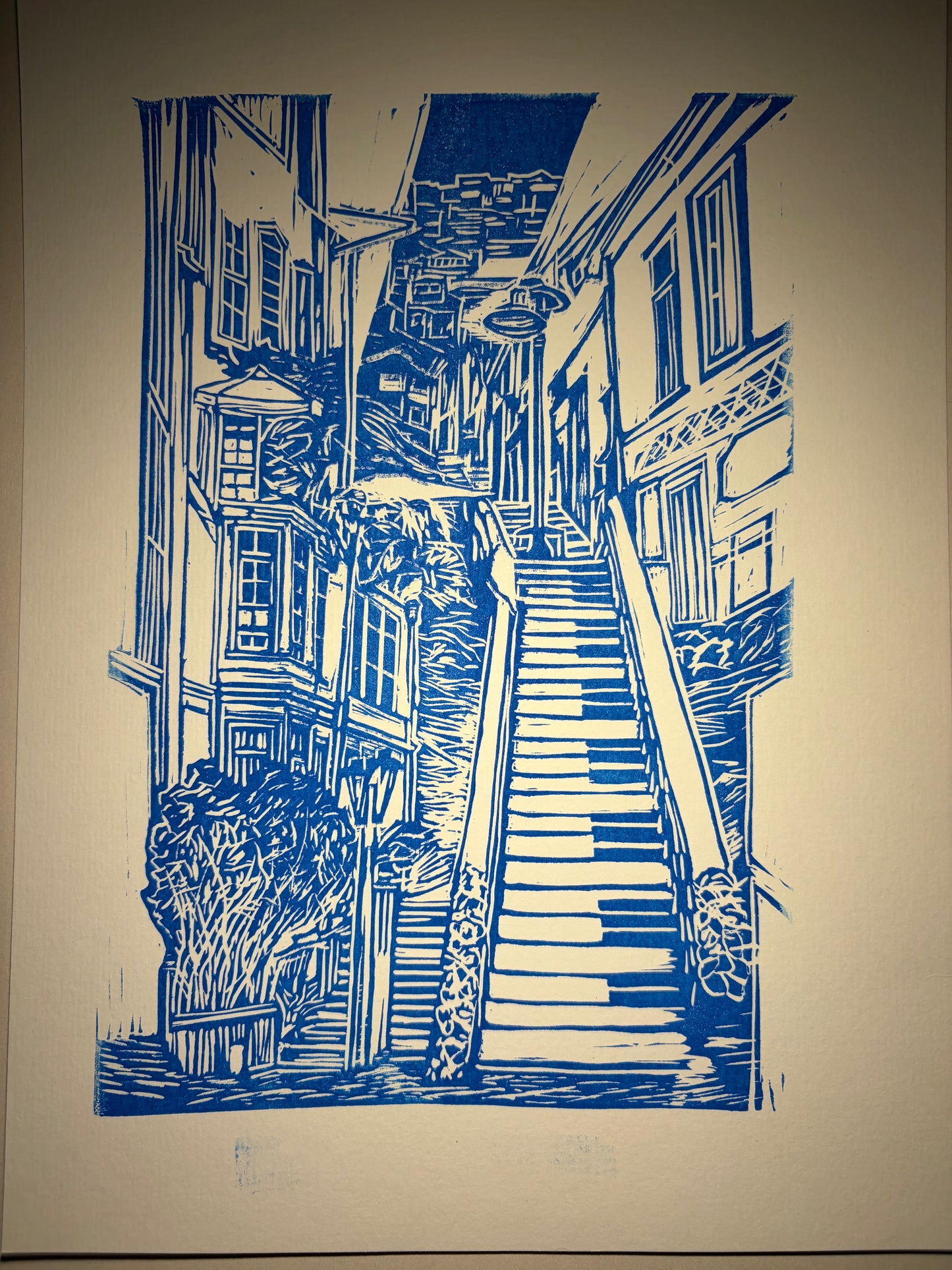 Escalera de Piano — Linograbado Original, Valparaíso