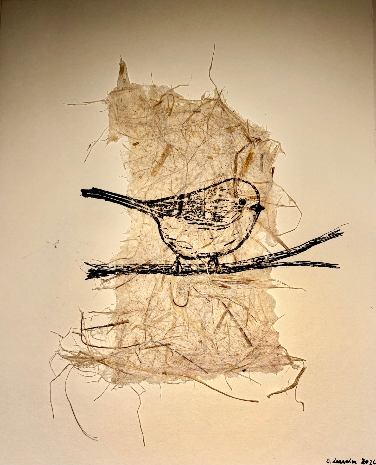 Pájaro en Rama — Linograbado Original