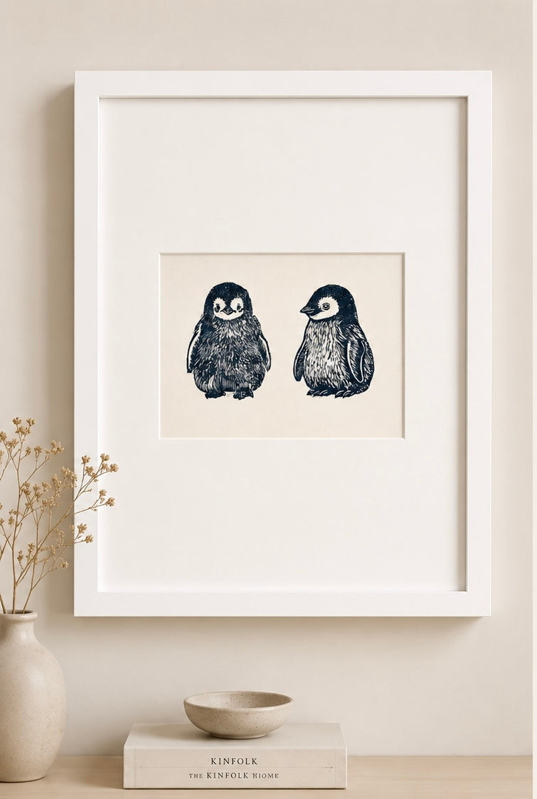 Pingüinos Cría — Linograbado Original | Edición Limitada