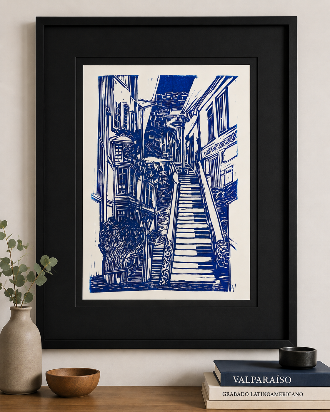 Escalera de Piano — Linograbado Original, Valparaíso