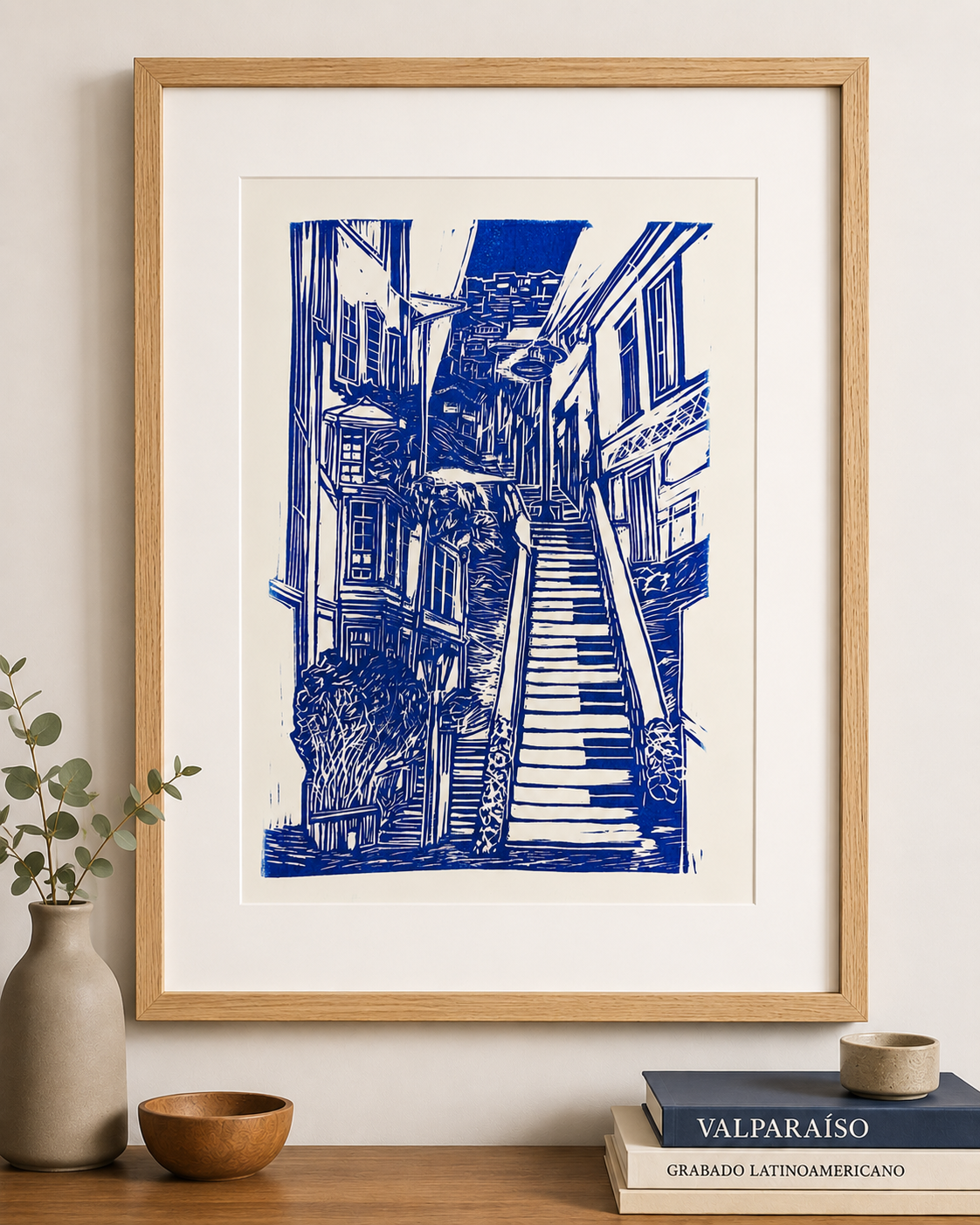 Escalera de Piano — Linograbado Original, Valparaíso