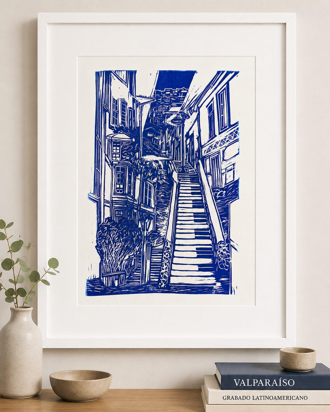 Escalera de Piano — Linograbado Original, Valparaíso
