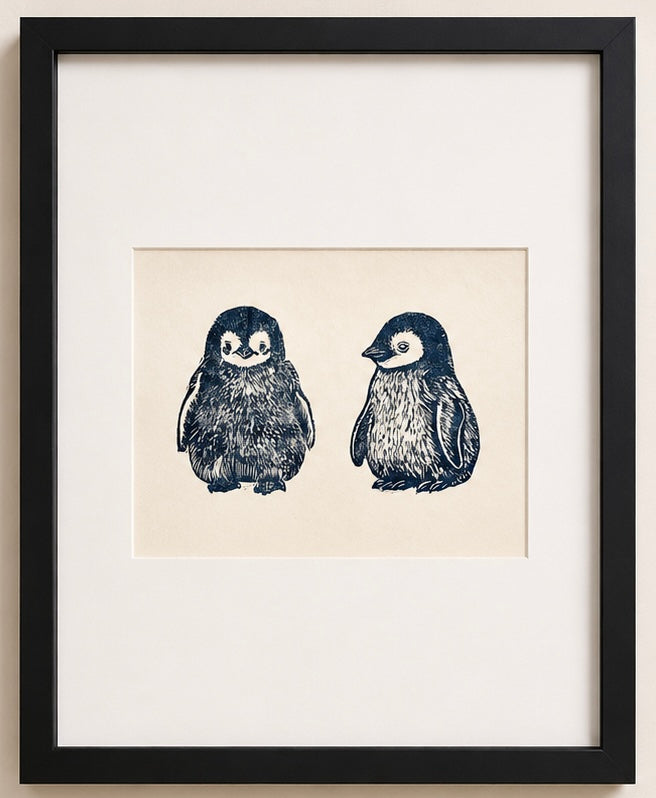 Pingüinos Cría — Linograbado Original | Edición Limitada
