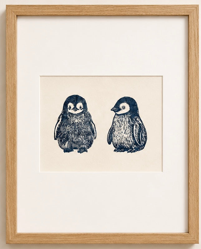 Pingüinos Cría — Linograbado Original | Edición Limitada