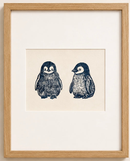Pingüinos Cría — Linograbado Original | Edición Limitada