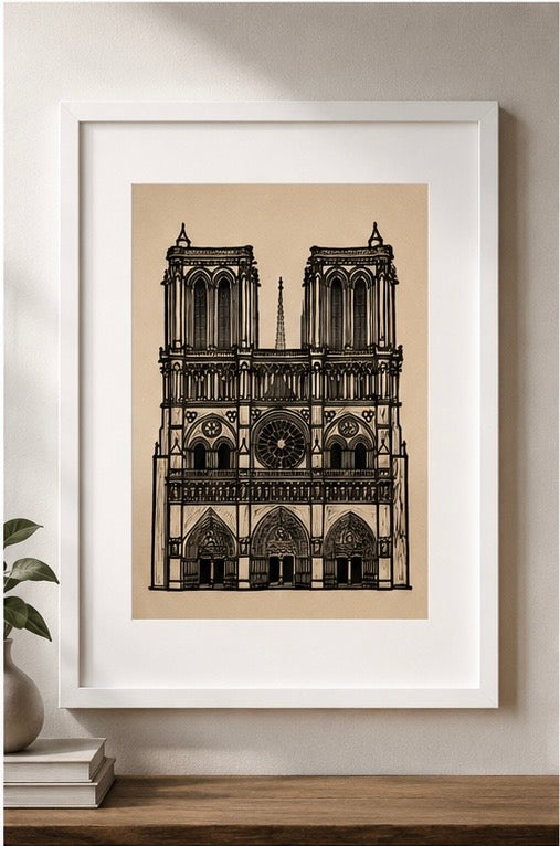 Notre Dame — Linograbado en Papel Ocre