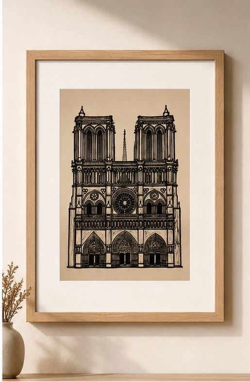 Notre Dame — Linograbado en Papel Ocre