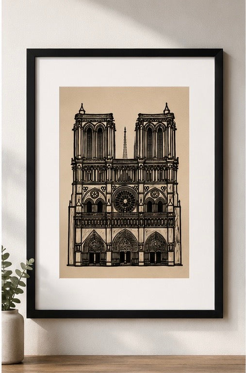 Notre Dame — Linograbado en Papel Ocre