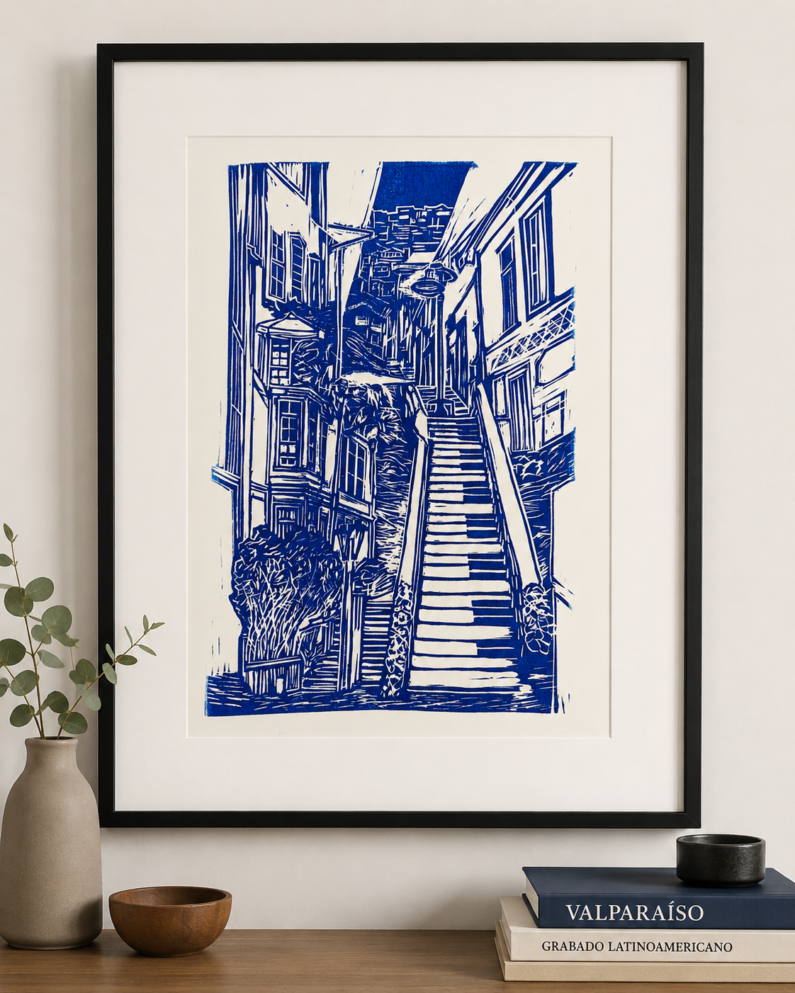 Escalera de Piano — Linograbado Original, Valparaíso